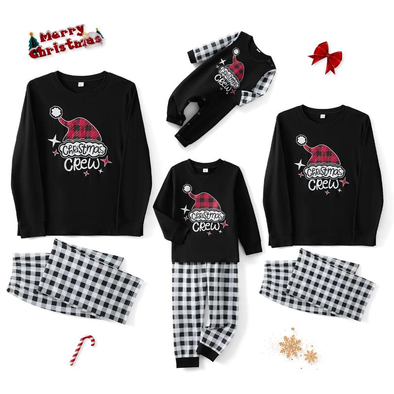 Christmas Pajamas for Family Long Sleeve Santa Hat Print Tops + Stripes Pants Set Holiday Sleepwear