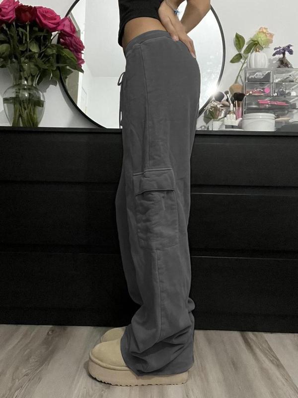 Women's Plain Drawstring Waist Pocket Sweatpants, Casual Street  Pants for Daily Wear, Ladies Bottoms for Fall & Winter