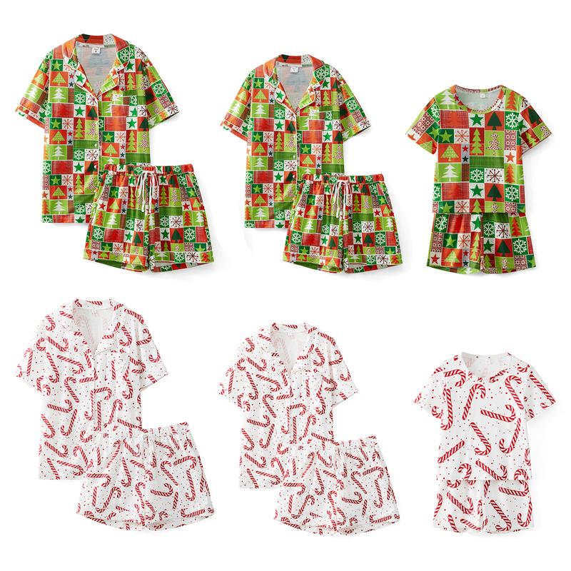 Christmas Family Pajamas Matching Set Christmas Tree Candy Print Tops and Drawstring Shorts Sleepwear