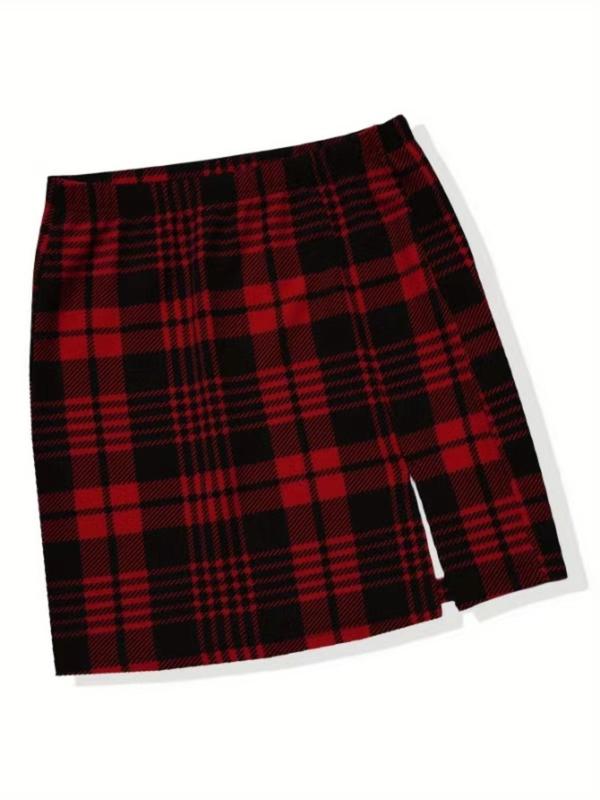 Women's Plaid Print Split Hem Bodycon Skirt, Elegant Fashion Casual Short Skirt for Daily Outdoor Wear, Women's Bottoms for Spring & Fall