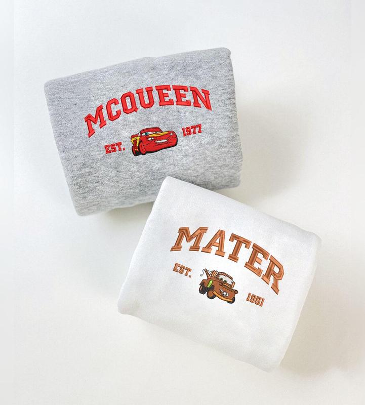 Cars Couple Embroidered Sweatshirt, Cartoon Mcqueen x Sally x Mater Embroidered Sweatshirts, Trending Crewneck, Vintage shirt, Embroidery Shirt, Gift For Him ECT003-005