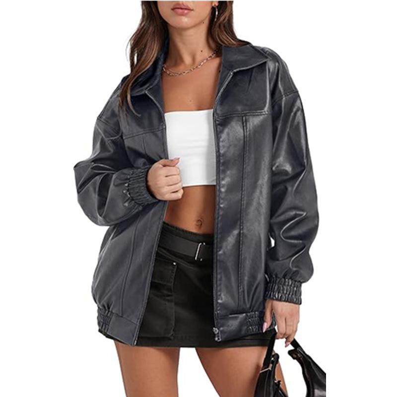 PU Leather Jacket Long Sleeve Lapel Zipper Side Pocket Casual Trench Coat Women