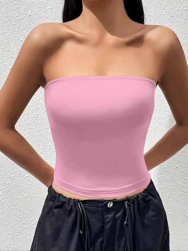 Women's Solid Color Strapless Tube Top, Casual Fashion Short Top for Summer, Ladies Clothes for Daily Wear