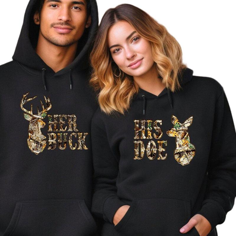 Couples Hoodies Her Buck His Doe, Deer Hunting Matching Hoodies For Couples Hoodie Unisex Fabric Cotton