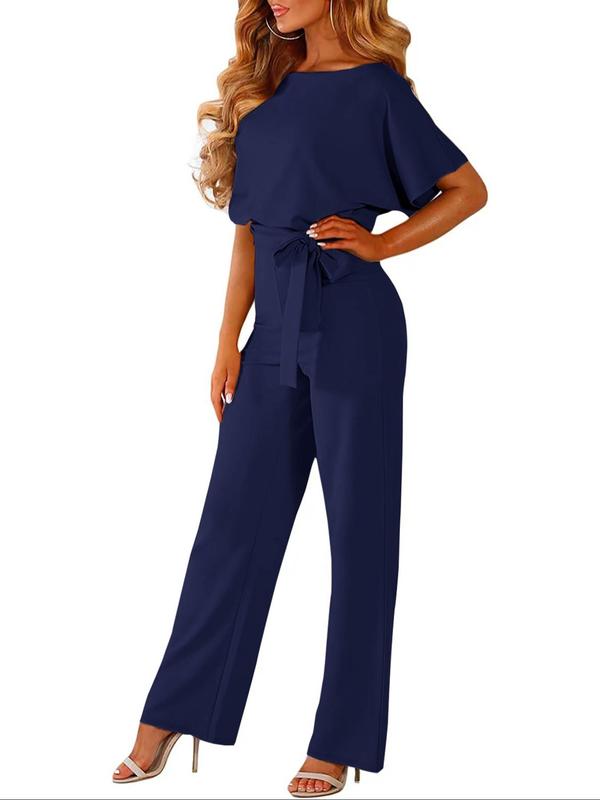 Women's Solid Belted Batwing Sleeve Wide Leg Jumpsuit, Casual Keyhole Neckline Jumpsuit for Summer, Ladies Clothes for Daily Wear