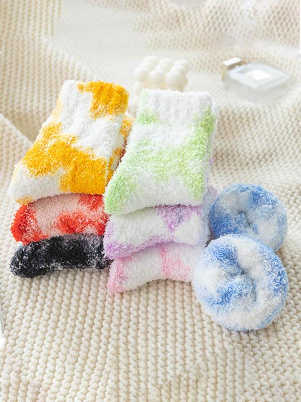 Women's Tie Dye Print Coral Fleece Crew Socks, Casual Soft Comfortable Fuzzy Floor Socks for Fall & Winter, Women's Warm Socks for Daily Wear