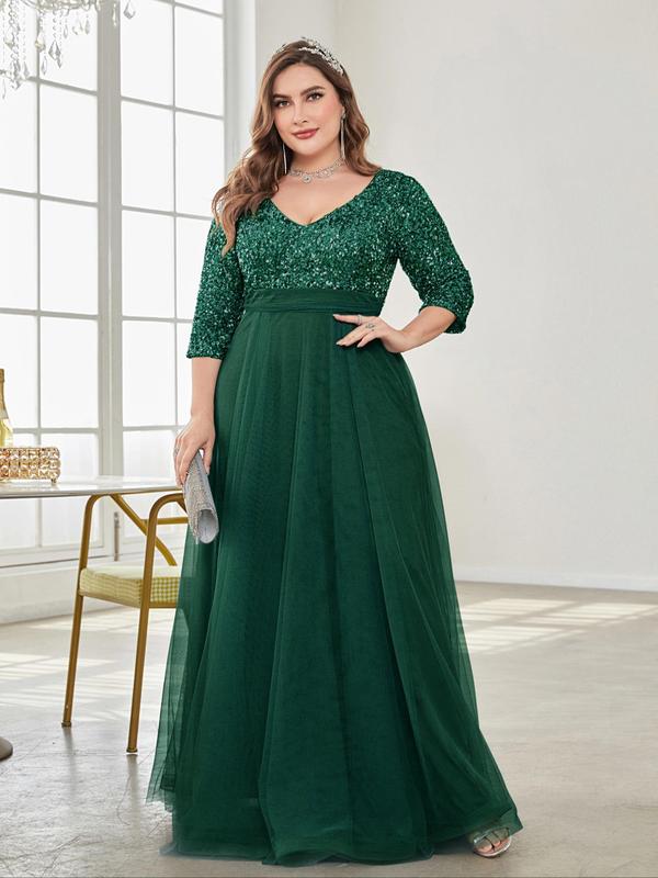  Contrast Sequin V Neck Tulle Party Dress, Elegant 3 4 Sleeve Zipper Back Maxi Evening Party Gown, Women's Clothes for All Seasons