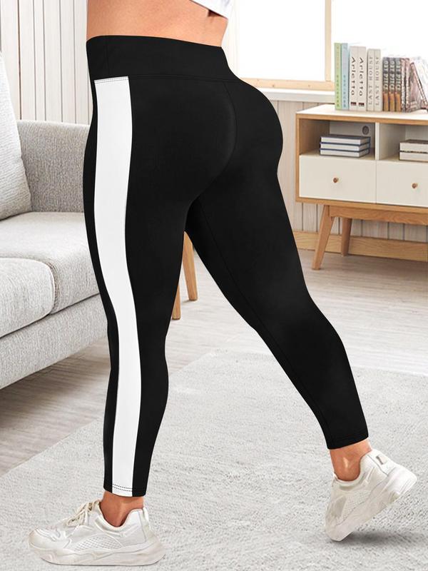  Colorblock Side Stripe High Waist Leggings, Casual Comfy High Stretch Skinny Pants for Women, Women's Bottoms for Spring & Fall