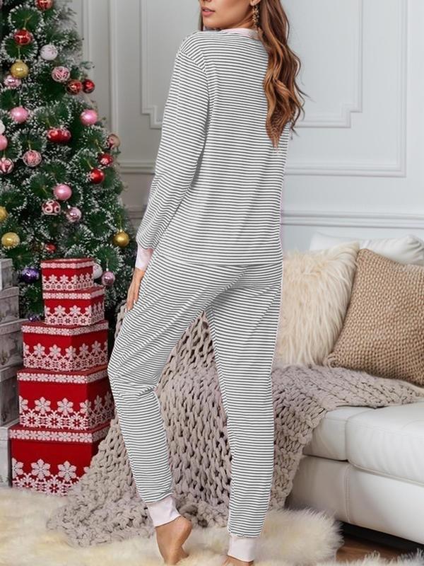 @shopwithjulie Collection Women's Christmas Striped Print V Neck Tee & Drawstring Waist Pants Lounge Sets, Relaxed Pajamas Sets Women, Pj Sets for Women, Casual Comfy Long Sleeve Top & Trousers for Fall & Winter, Lady's Sleepwear