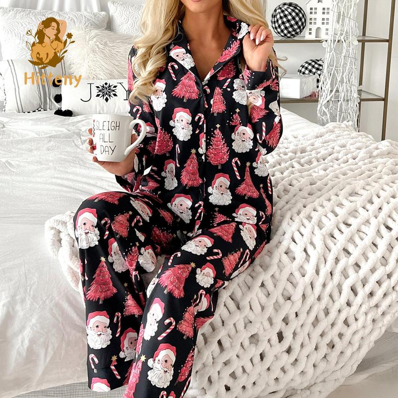 Women Christmas Pajamas Lounge Set Santa Christmas Tree Print Long Sleeve Tops and Pants 2 Piece Loungewear Outfits Nightwear Womenswear