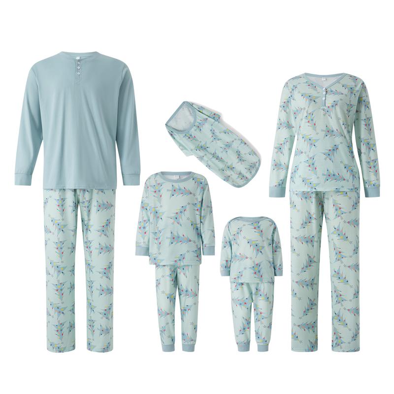 Matching Christmas Pajamas For Family, Christmas Tree Print Solid Long-Sleeved Tops + Trousers  Jumpsuit Dog Clothes