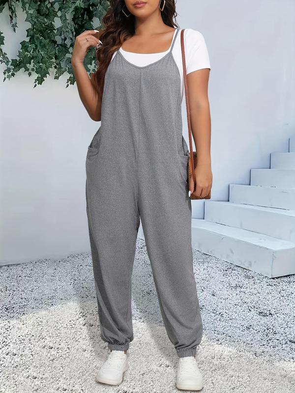 Plus Size Plain Pocket Cami Overalls without Tee, Casual Comfy Sleeveless Spaghetti Strap Overalls for Daily Wear, Women's Plus Clothing for All Seasons