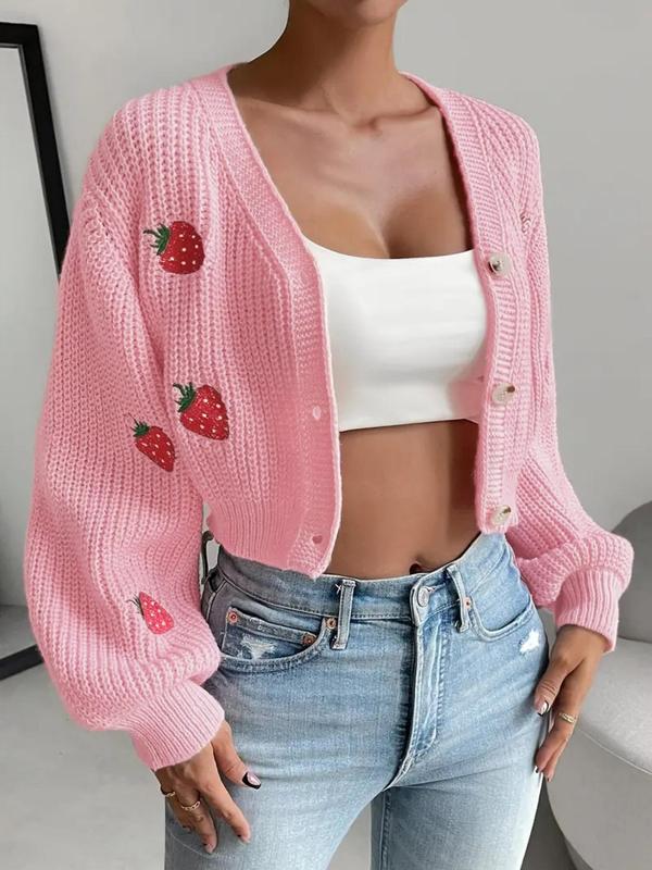 Women's Strawberry Embroidery Button Front Crop Cardigan, Casual V Neck Lantern Sleeve Knitwear for Spring & Fall, Fashion Women's Knit Clothing for Daily Wear