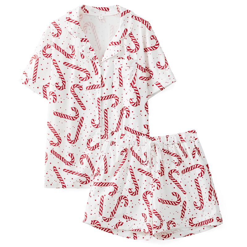 Christmas Family Pajamas Matching Set Christmas Tree Candy Print Tops and Drawstring Shorts Sleepwear