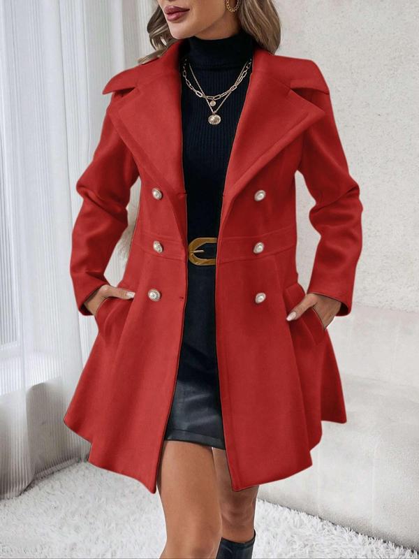 Women's Solid Double Button Lapel Pea Coat, Elegant Fashion Long Sleeve Pocket Design Coat for Daily Outdoor Wear, Women Clothing for Fall & Winter