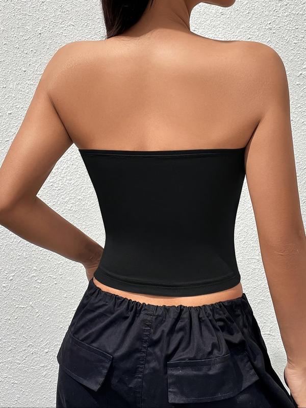 Women's Solid Color Strapless Tube Top, Casual Fashion Short Top for Summer, Ladies Clothes for Daily Wear