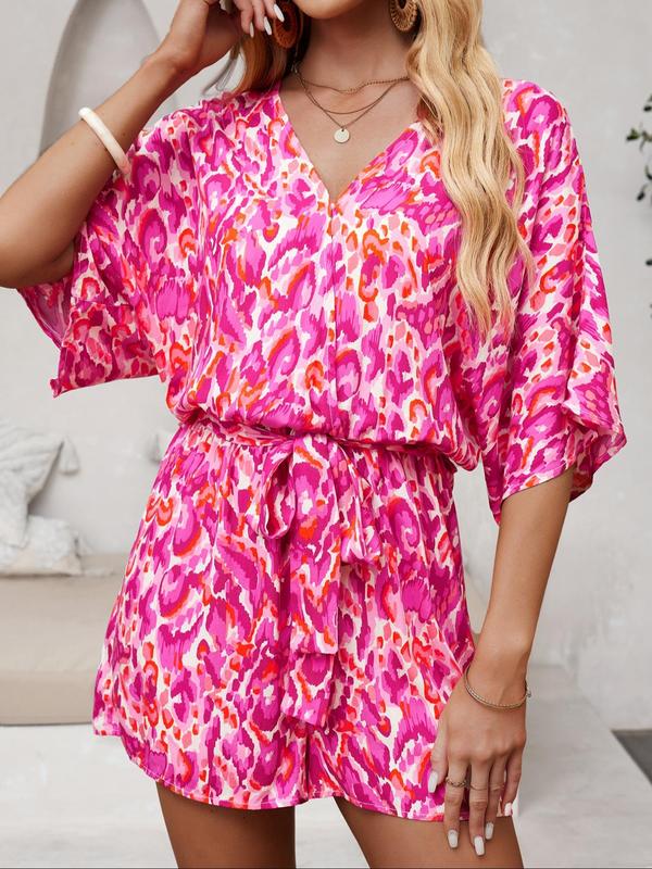 Women's All Over Print Belted V Neck Wide Leg Romper, Lady Boho Comfort Fashion Batwing Sleeve Half Sleeve High Waist Romper for Summer, Bohemian Fashion Women's Clothing for Beach Holiday Vacation, Womenswear Suits