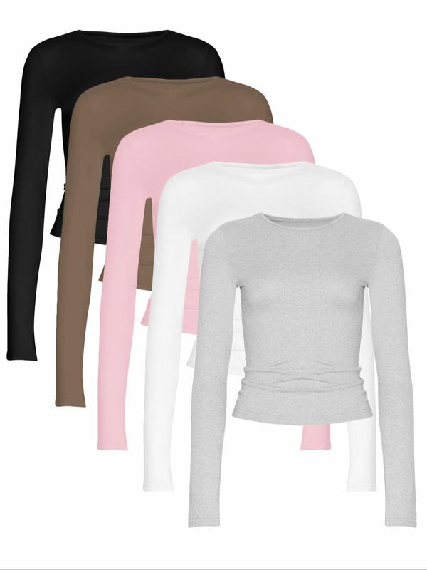 Women's Solid Long Sleeve Tee, Casual Round Neck T-shirt for Spring & Fall, Women's Top for Daily Wear