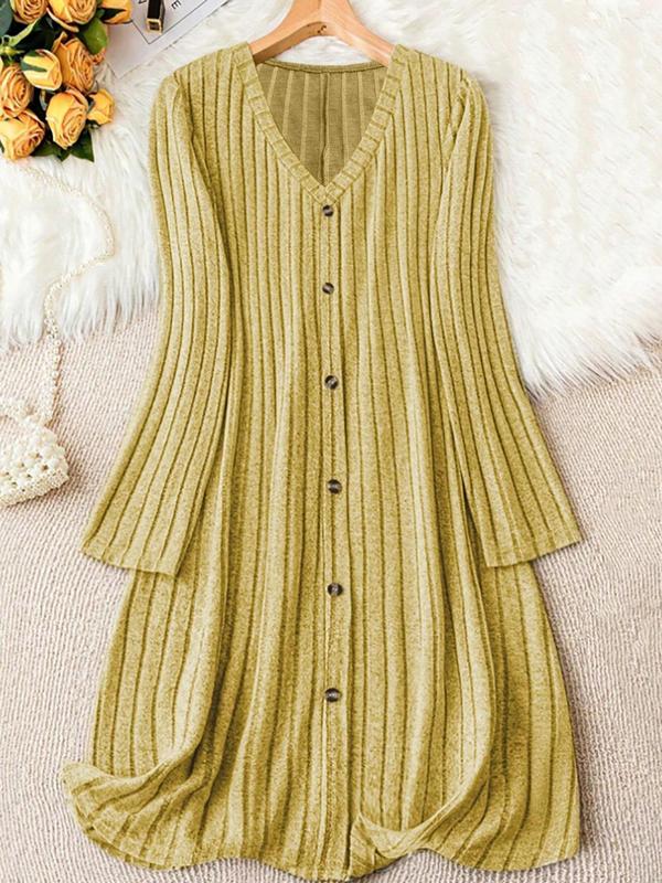  Solid Button Front Ribbed V Neck Dress, Casual Long Sleeve Dress for Fall & Winter, Women's Clothes for Daily Wear