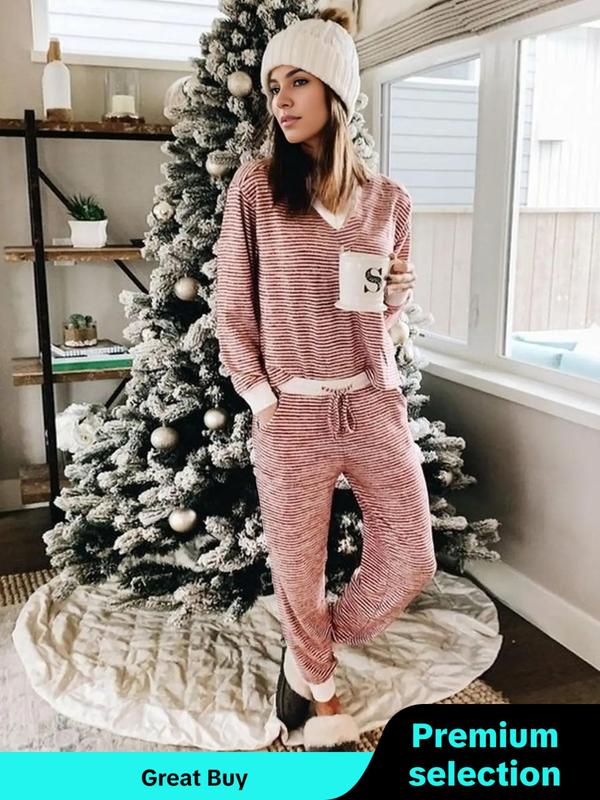 @shopwithjulie Collection Women's Christmas Striped Print V Neck Tee & Drawstring Waist Pants Lounge Sets, Relaxed Pajamas Sets Women, Pj Sets for Women, Casual Comfy Long Sleeve Top & Trousers for Fall & Winter, Lady's Sleepwear