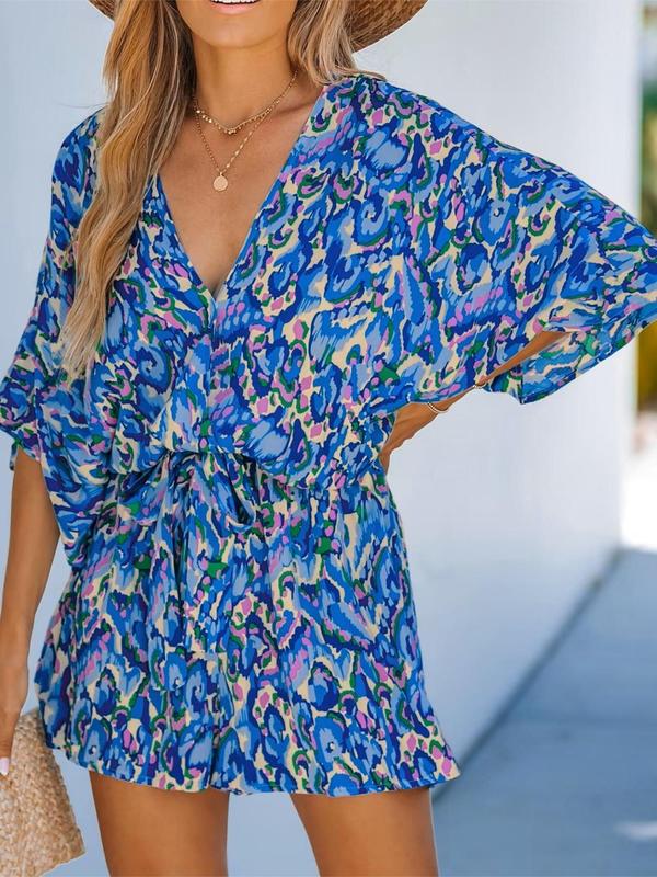 Women's All Over Print Belted V Neck Wide Leg Romper, Lady Boho Comfort Fashion Batwing Sleeve Half Sleeve High Waist Romper for Summer, Bohemian Fashion Women's Clothing for Beach Holiday Vacation, Womenswear Suits