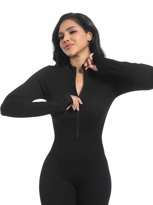 Soo slick Jumpsuits for Women - Workout Ribbed Long Sleeve Front Zip Jumpsuits for Women Womenswear Overalls Underwear Lady women s Longsleeves Comfort