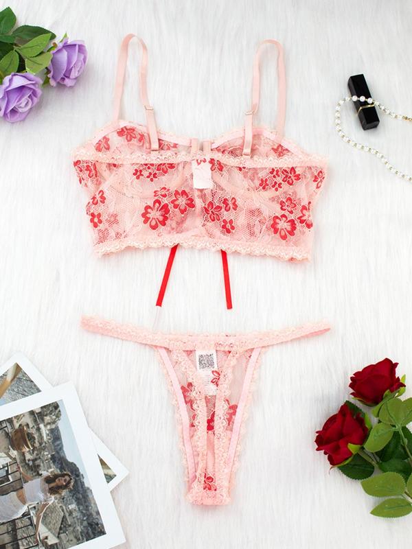 Women's Floral Contrast Lace Underwire Bra & Thong Set, Elegant Tie Front Design Romantic Bra & Panty Set, Lingerie Set for Women