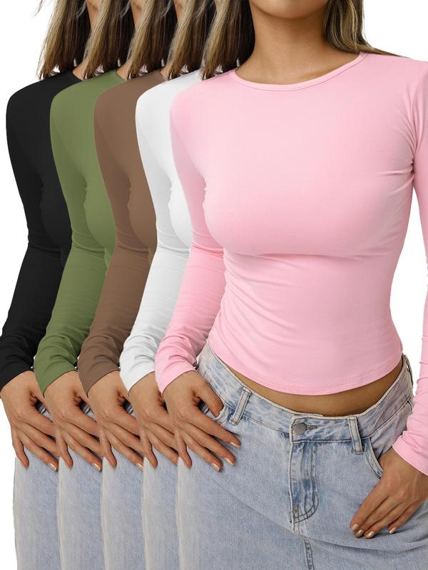 Women's Solid Long Sleeve Tee, Casual Round Neck T-shirt for Spring & Fall, Women's Top for Daily Wear