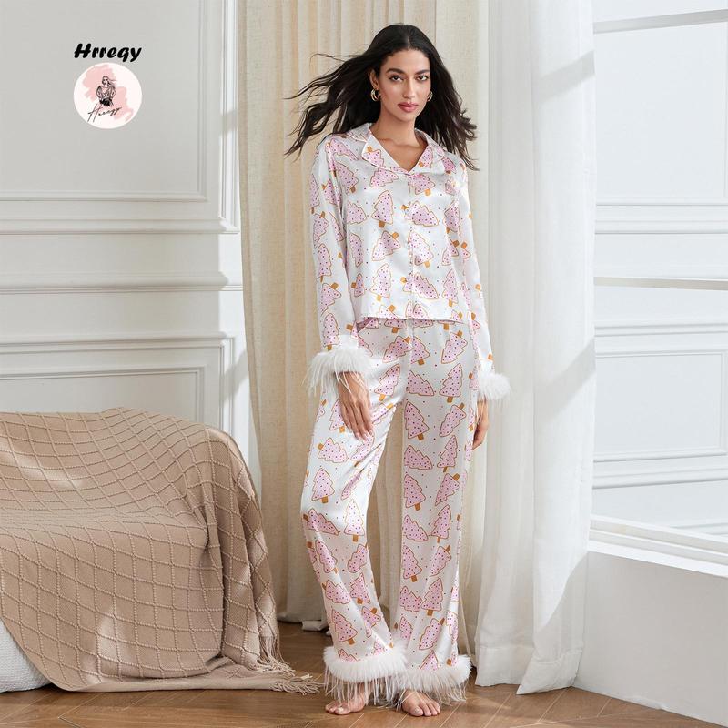 Pajamas for women set Women Christmas Pajamas Lounge Set Santa Christmas Tree Boots Print Shirts Tops and Pants 2 Piece Loungewear Outfits casual fashion Nightwear Long Sleeve  women's pajama sets Pajamas for women set knit pullover