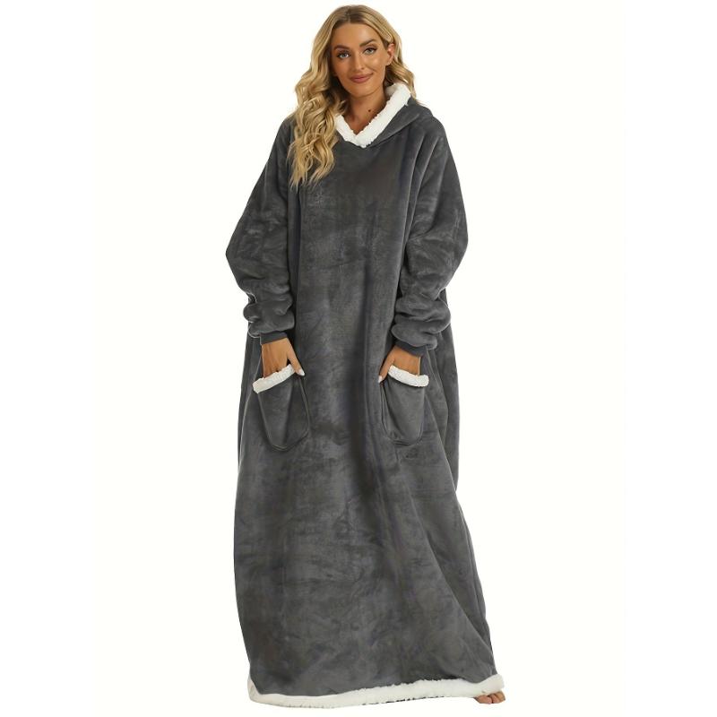 Plus Size Womens Flannel Loungewear Robe - Super Soft Hooded Wearable Blanket with Pockets for Cozy Casual Days