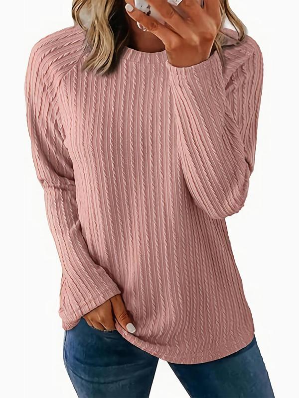 Women's Solid Textured Raglan Sleeve T-shirt, Casual Long Sleeve Round Neck Top for Fall & Winter, Fashion Ladies' Knit Clothing for Daily Wear