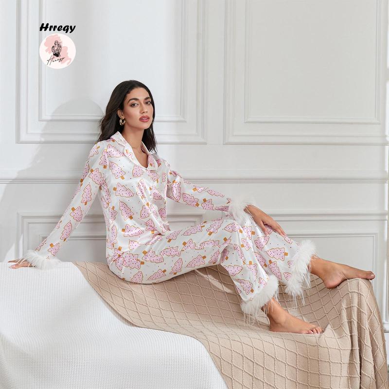 Pajamas for women set Women Christmas Pajamas Lounge Set Santa Christmas Tree Boots Print Shirts Tops and Pants 2 Piece Loungewear Outfits casual fashion Nightwear Long Sleeve  women's pajama sets Pajamas for women set knit pullover