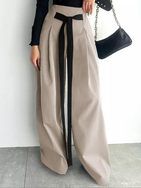 Women's Solid Tie Front Plicated Wide Leg Pants, Casual Comfy Trousers for Work Office Business, Ladies Bottoms for All Seasons