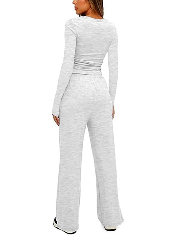 Women's Solid Ruched Drawstring Lounge Set, Casual Long Sleeve Round Neck Top & Elastic Waist Pants, Ladies Sleepwear for All Seasons