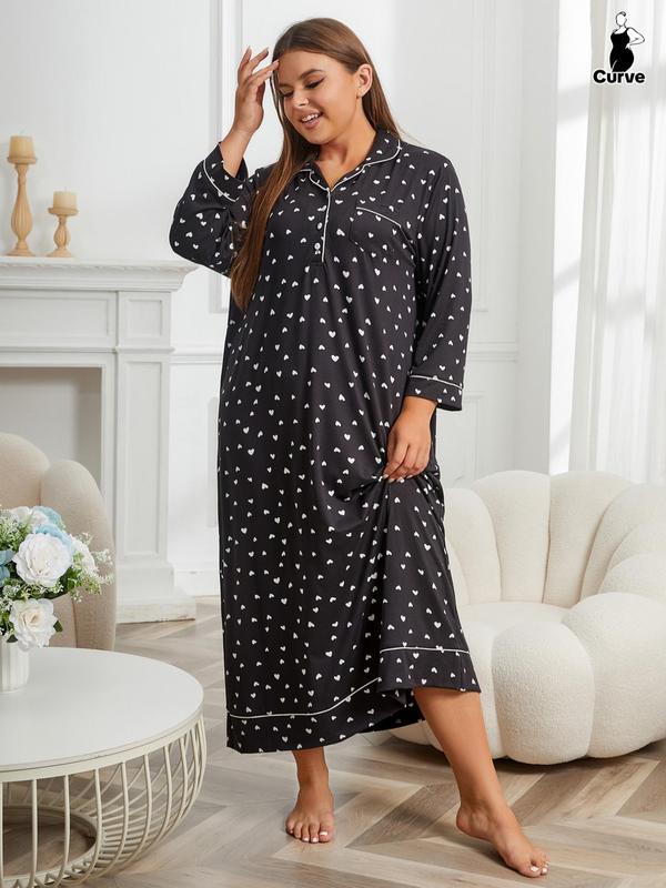 Plus Size Heart Print Pocket Button Front Nightdress, Home Wear Ideas, Casual All Over Print Collared Pajamas Dress, Comfort Homewear & Loungewear