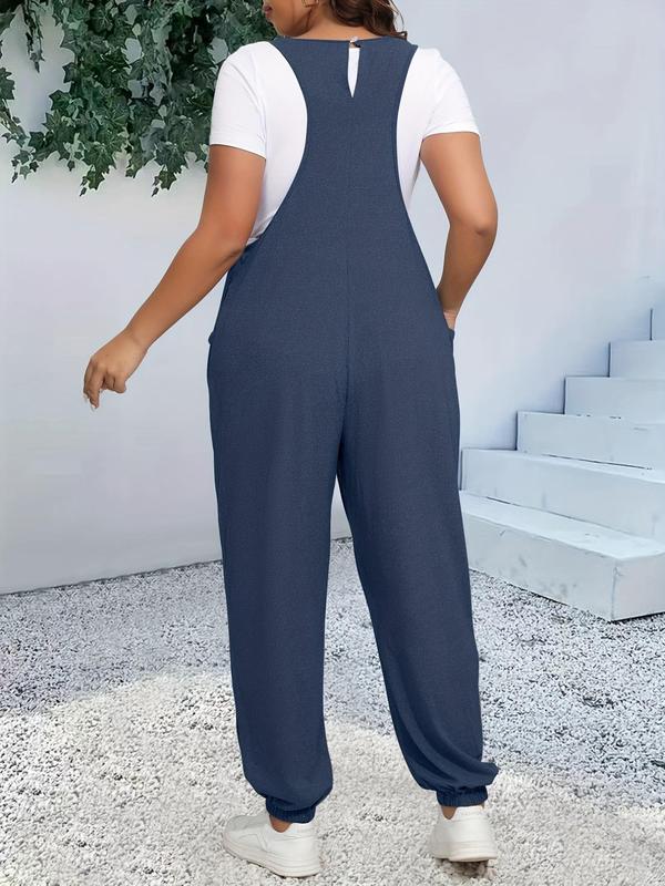 Plus Size Plain Pocket Cami Overalls without Tee, Casual Comfy Sleeveless Spaghetti Strap Overalls for Daily Wear, Women's Plus Clothing for All Seasons