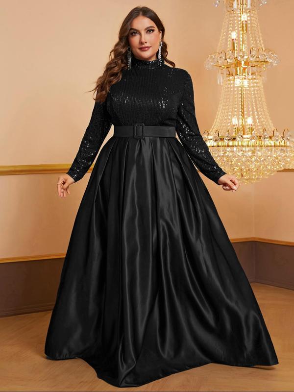 Plus Size Glitter Sequins Belted Fit & Flare Dress, Elegant Mock Neck Long Sleeve Maxi Dress for Party & Banquet, Women's Plus Size Clothes for All Seasons, Plus Size Dresses, Elegant Formal Dresses, Birthday Dresses 2024, Dresses for Women