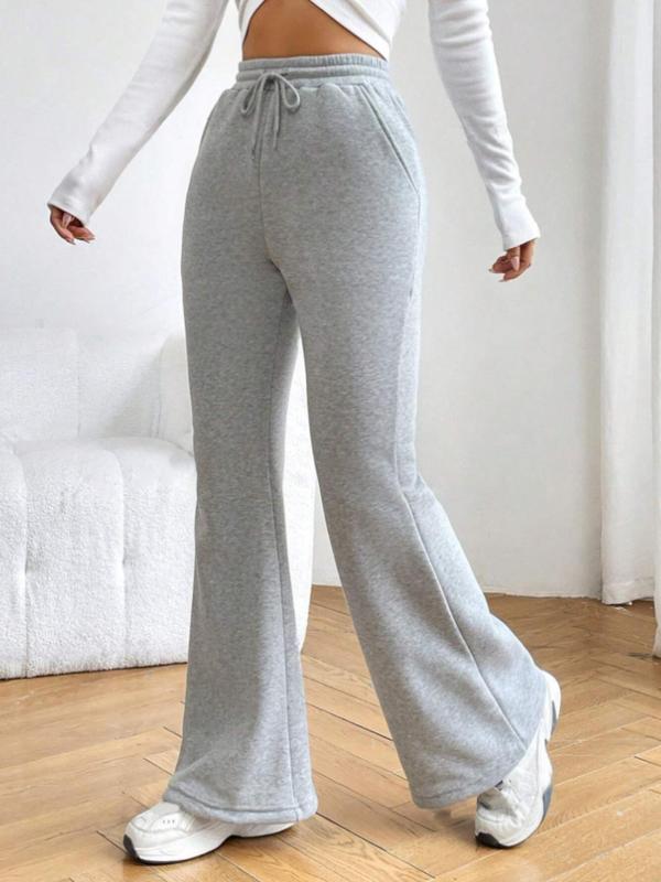 Women's Solid Drawstring Waist Flare Leg Pants, Casual Pocket Design Bell Bottom Trousers for Fall & Winter, Women's Bottoms for Daily Wear