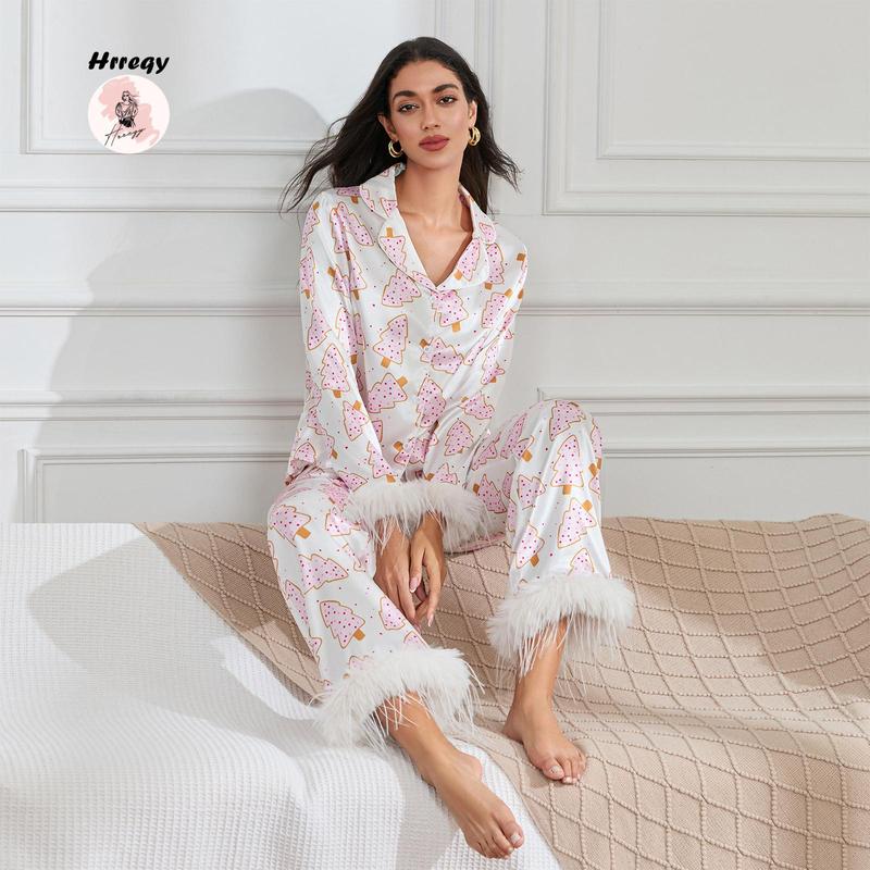 Pajamas for women set Women Christmas Pajamas Lounge Set Santa Christmas Tree Boots Print Shirts Tops and Pants 2 Piece Loungewear Outfits casual fashion Nightwear Long Sleeve  women's pajama sets Pajamas for women set knit pullover