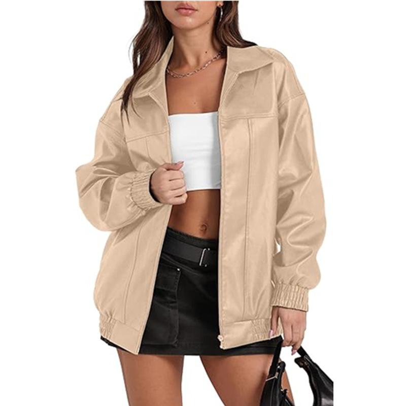 PU Leather Jacket Long Sleeve Lapel Zipper Side Pocket Casual Trench Coat Women