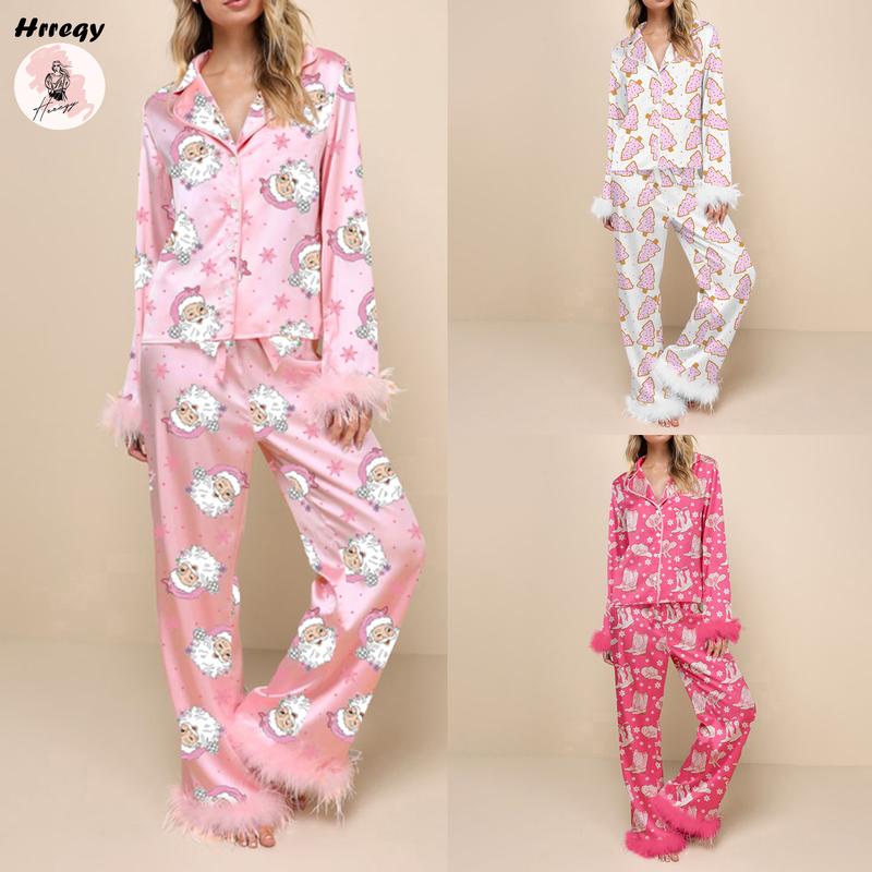 Pajamas for women set Women Christmas Pajamas Lounge Set Santa Christmas Tree Boots Print Shirts Tops and Pants 2 Piece Loungewear Outfits casual fashion Nightwear Long Sleeve  women's pajama sets Pajamas for women set knit pullover