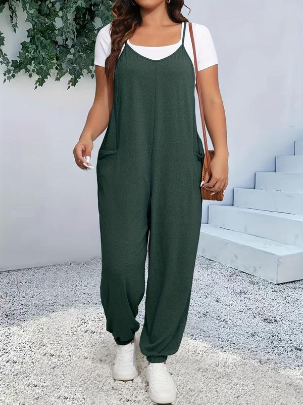 Plus Size Plain Pocket Cami Overalls without Tee, Casual Comfy Sleeveless Spaghetti Strap Overalls for Daily Wear, Women's Plus Clothing for All Seasons