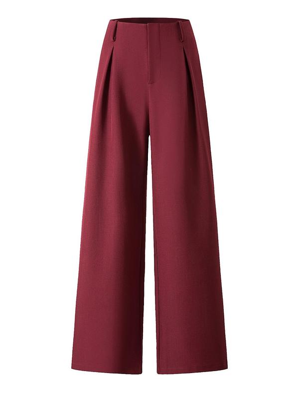 Women's Solid Color Plicated Pocket Wide Leg Pants, Elegant Aesthetic Flattering Zipper Fly High Waist Trousers for Work Office Business, Ladies Spring & Fall Clothes