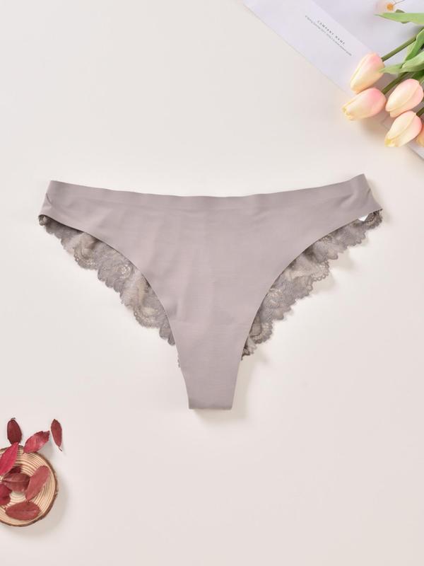 Plus 3pcs Contrast Lace Scallop Knicker, Women's Plus Casual Solid Seamless Panties, Soft Comfort Breathable Underwear for Lady Bridal, Womenswear