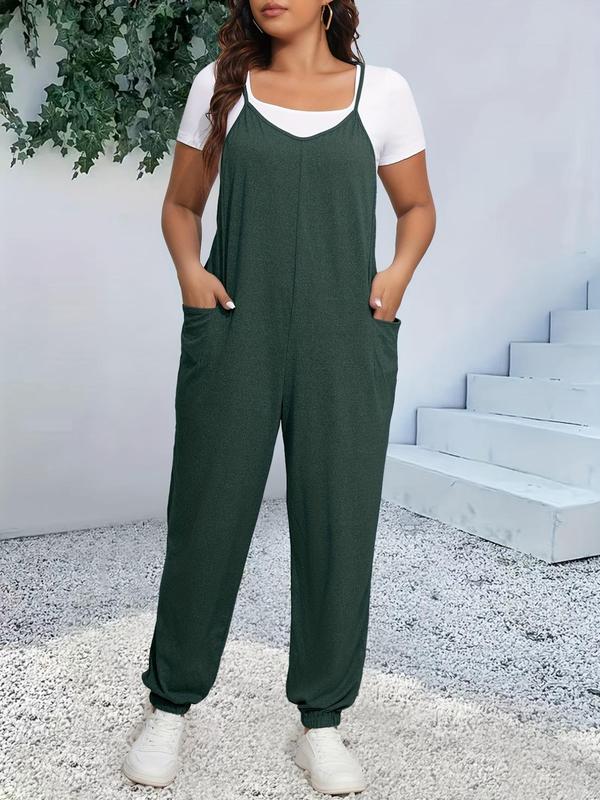 Plus Size Plain Pocket Cami Overalls without Tee, Casual Comfy Sleeveless Spaghetti Strap Overalls for Daily Wear, Women's Plus Clothing for All Seasons