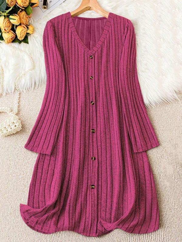  Solid Button Front Ribbed V Neck Dress, Casual Long Sleeve Dress for Fall & Winter, Women's Clothes for Daily Wear