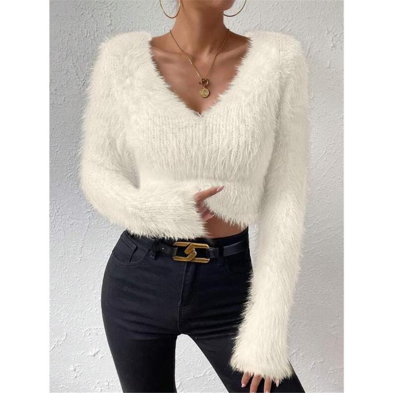 2024 New Arrival Hot Sale Autumn and Winter New Solid Color and V-neck Slim Fit All-Match Plush Short Women's Sweater