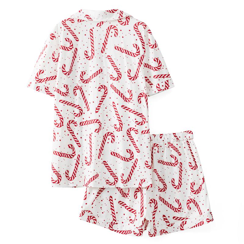 Christmas Family Pajamas Matching Set Christmas Tree Candy Print Tops and Drawstring Shorts Sleepwear