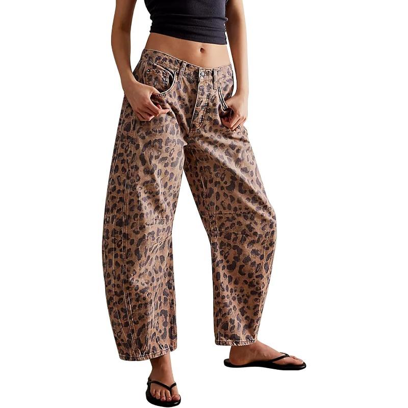 Women's Baggy Barrel Jeans Casual Boyfriend Mid Rise Leopard Printed Wide Leg Denim Ankle Pants casual jean wide leg jeans