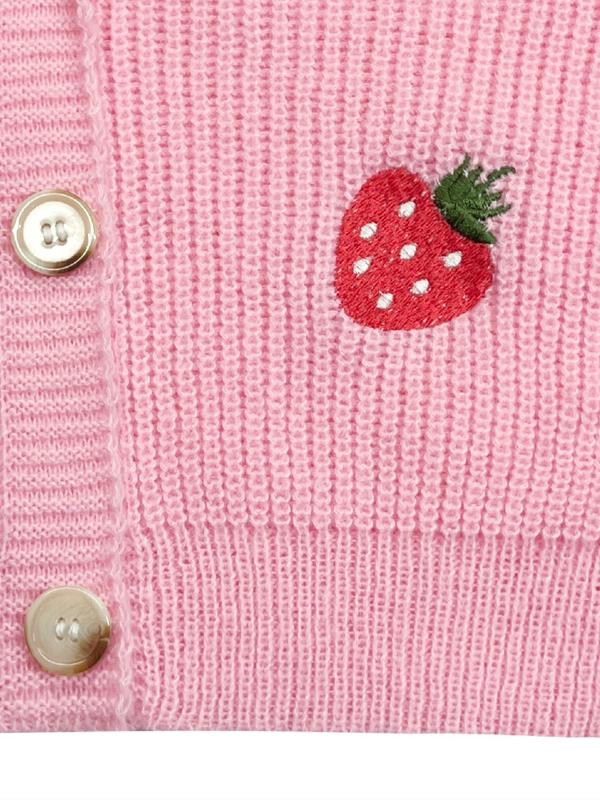 Women's Strawberry Embroidery Button Front Crop Cardigan, Casual V Neck Lantern Sleeve Knitwear for Spring & Fall, Fashion Women's Knit Clothing for Daily Wear